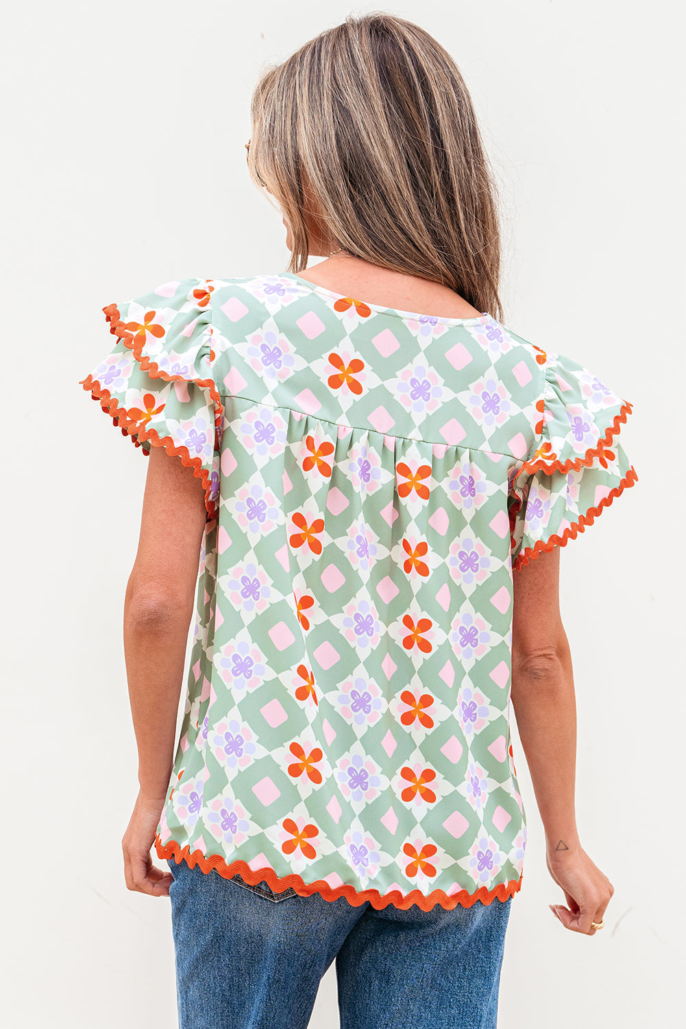 Belen Floral Layered Flutter Sleeve Rac Trim Blouse-1