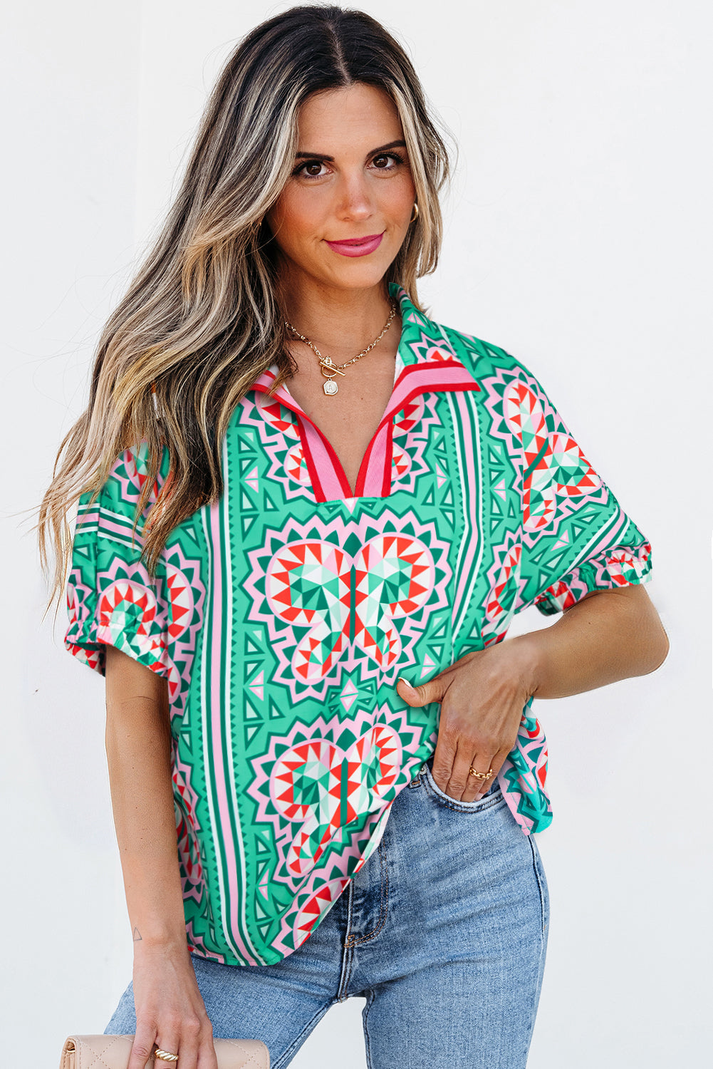 Kamiyah Boho Abstract Striped Collared V Neck Blouse-0