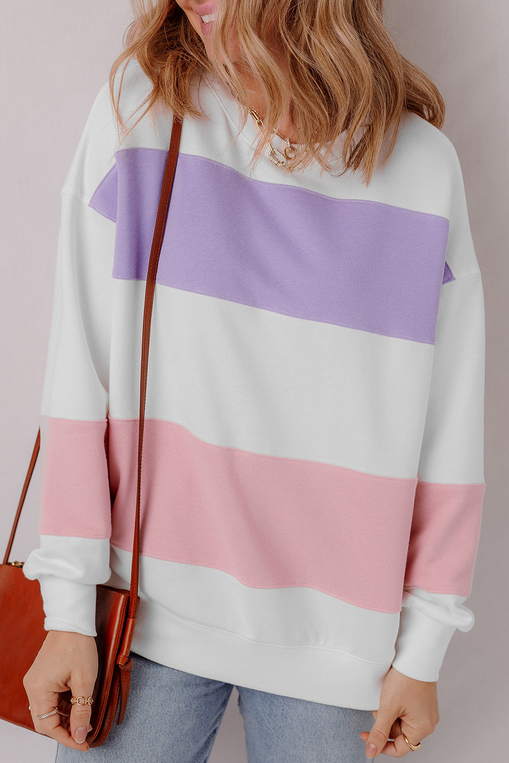 Beige Colorblock Patchwork Drop Shoulder Crewneck Sweatshirt-3