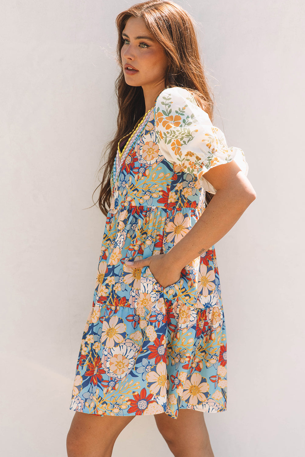 Livia Boho Floral Crochet V Neck Dress-2