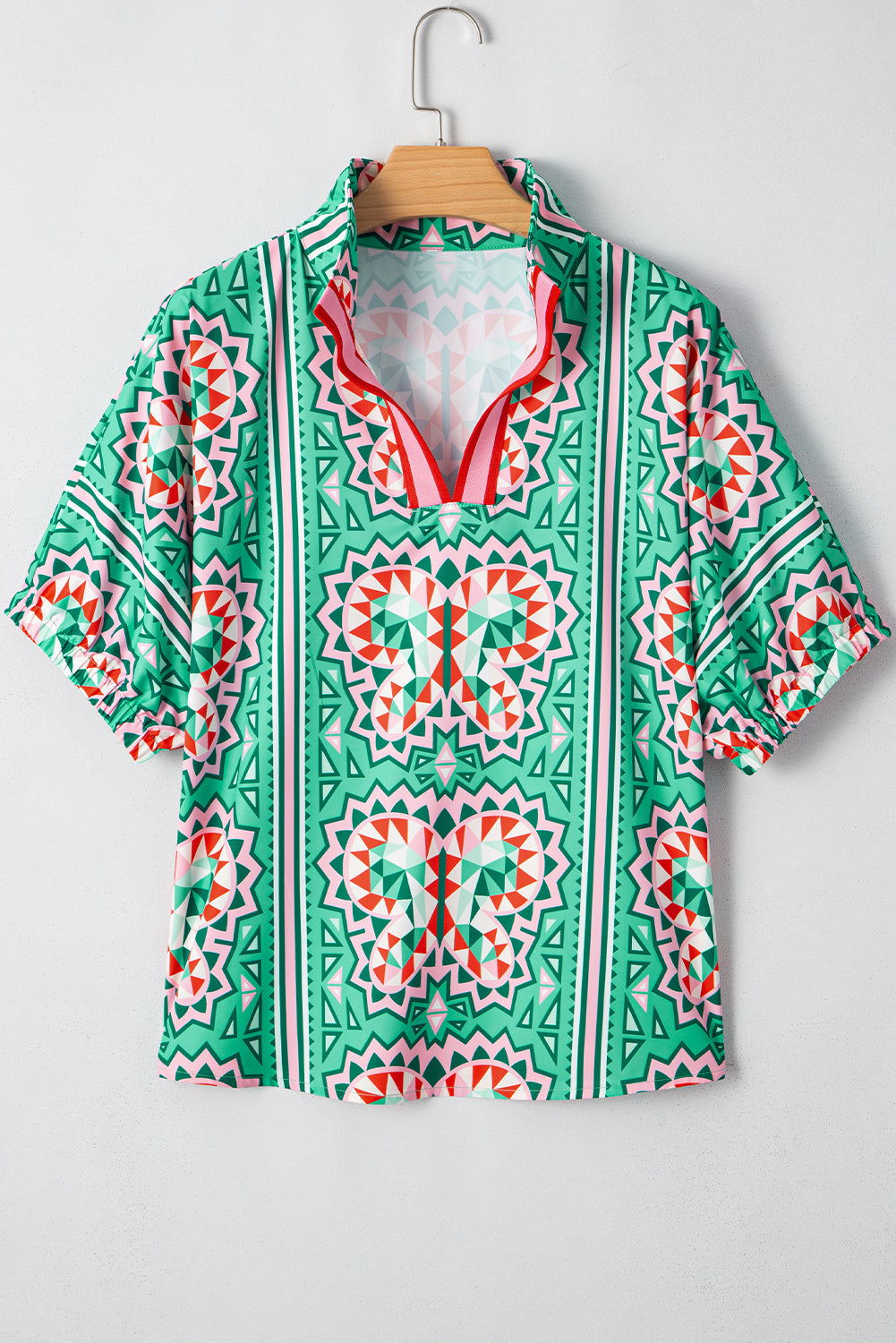 Kamiyah Boho Abstract Striped Collared V Neck Blouse-3