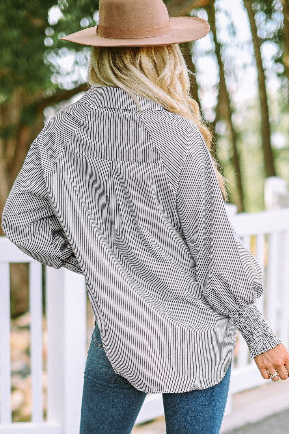 Skye Smocked Cuffed Striped Boyfriend Shirt with Pocket-1