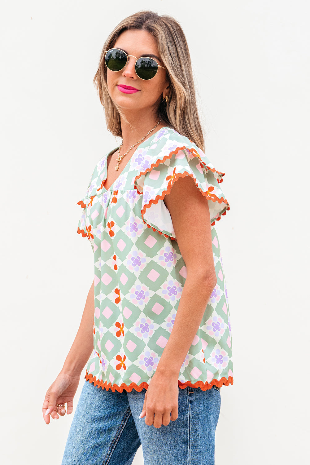 Belen Floral Layered Flutter Sleeve Rac Trim Blouse-2
