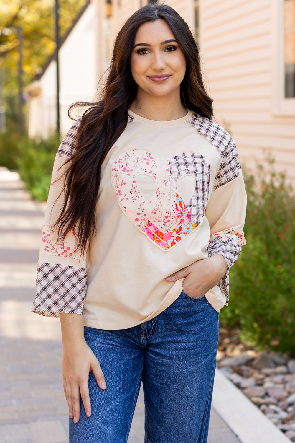 Emilia Plaid Floral Peace Heart Long Sleeve Top-5