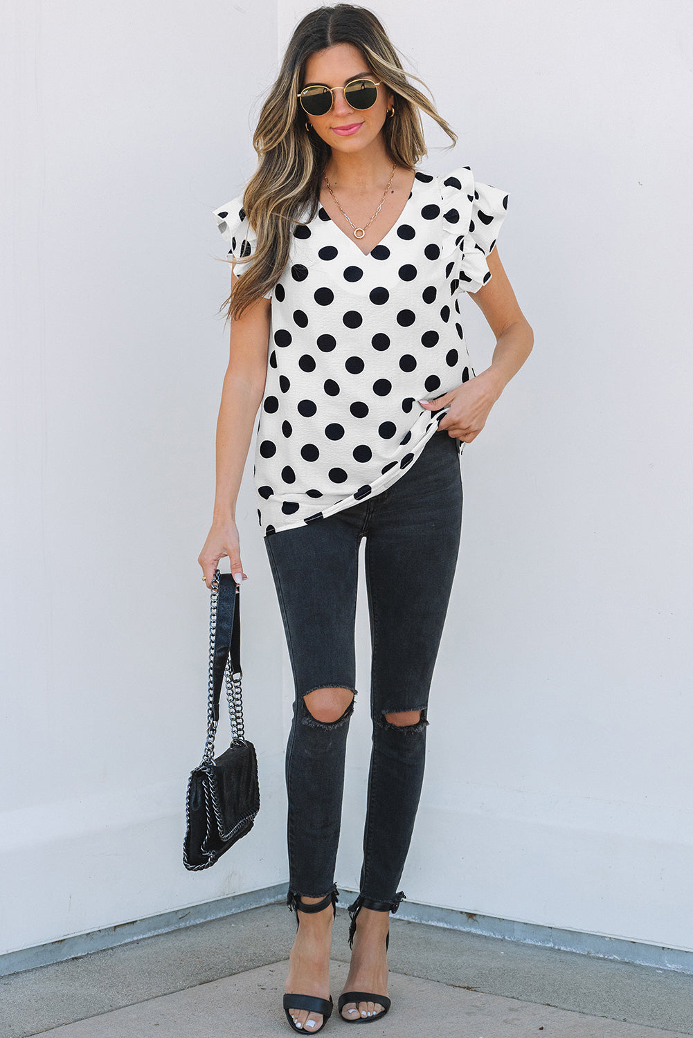 Halo Polka Dot Ruffled Sleeve V Neck Blouse-2