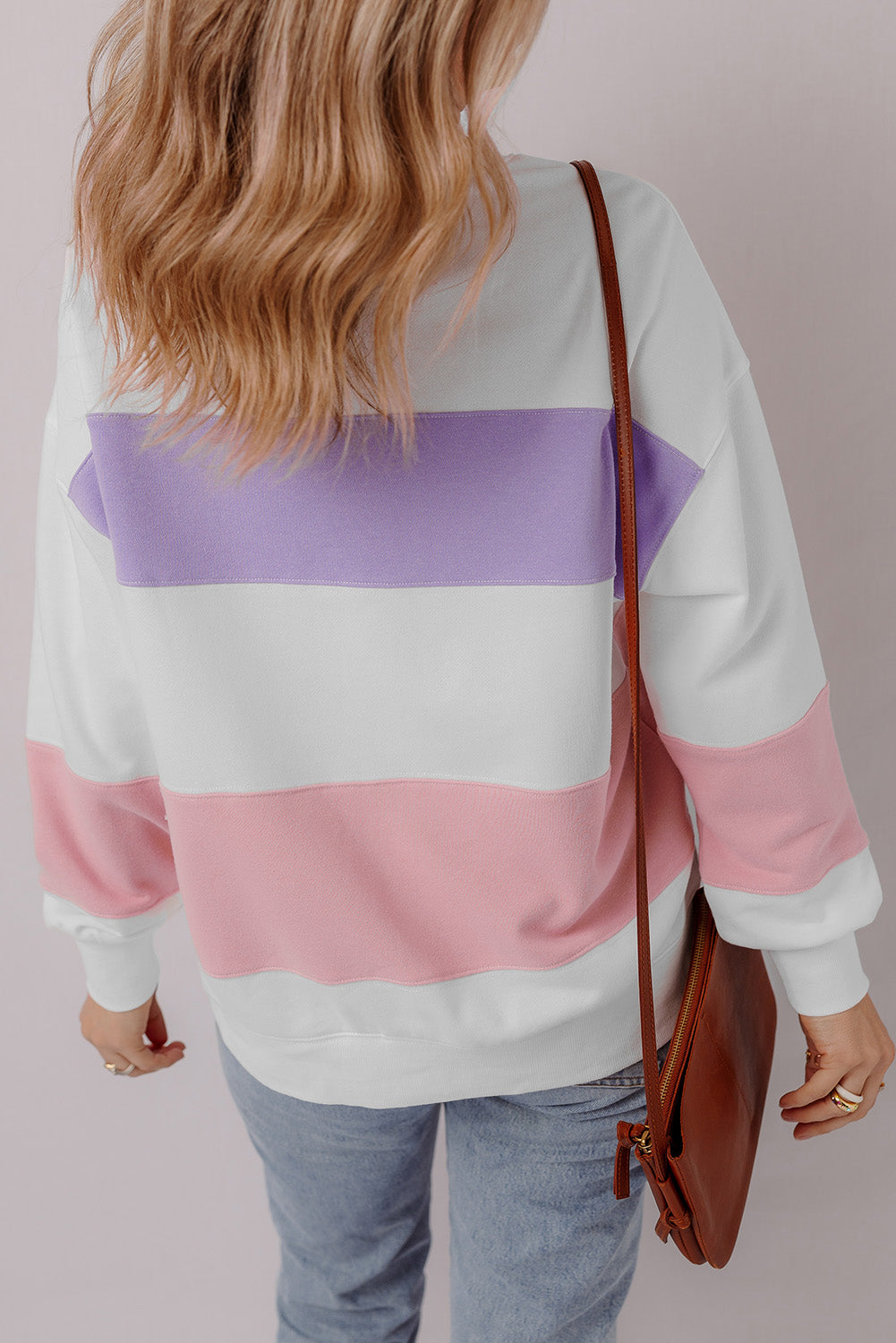 Beige Colorblock Patchwork Drop Shoulder Crewneck Sweatshirt-1