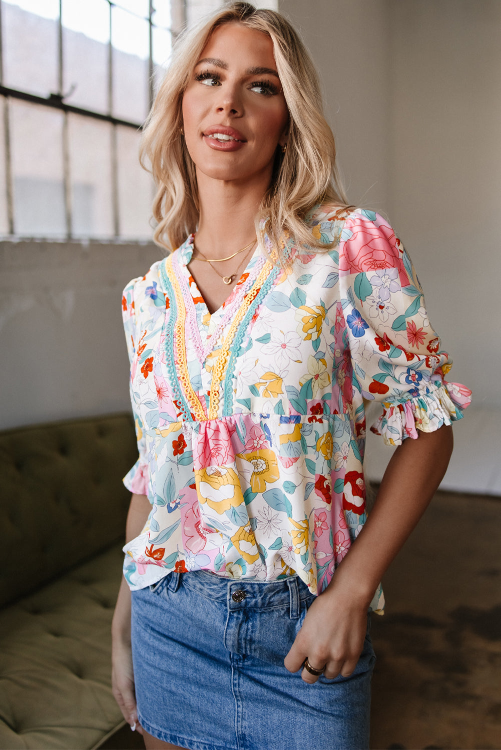 Solana Boho Flower Half Puff Sleeve Blouse-3