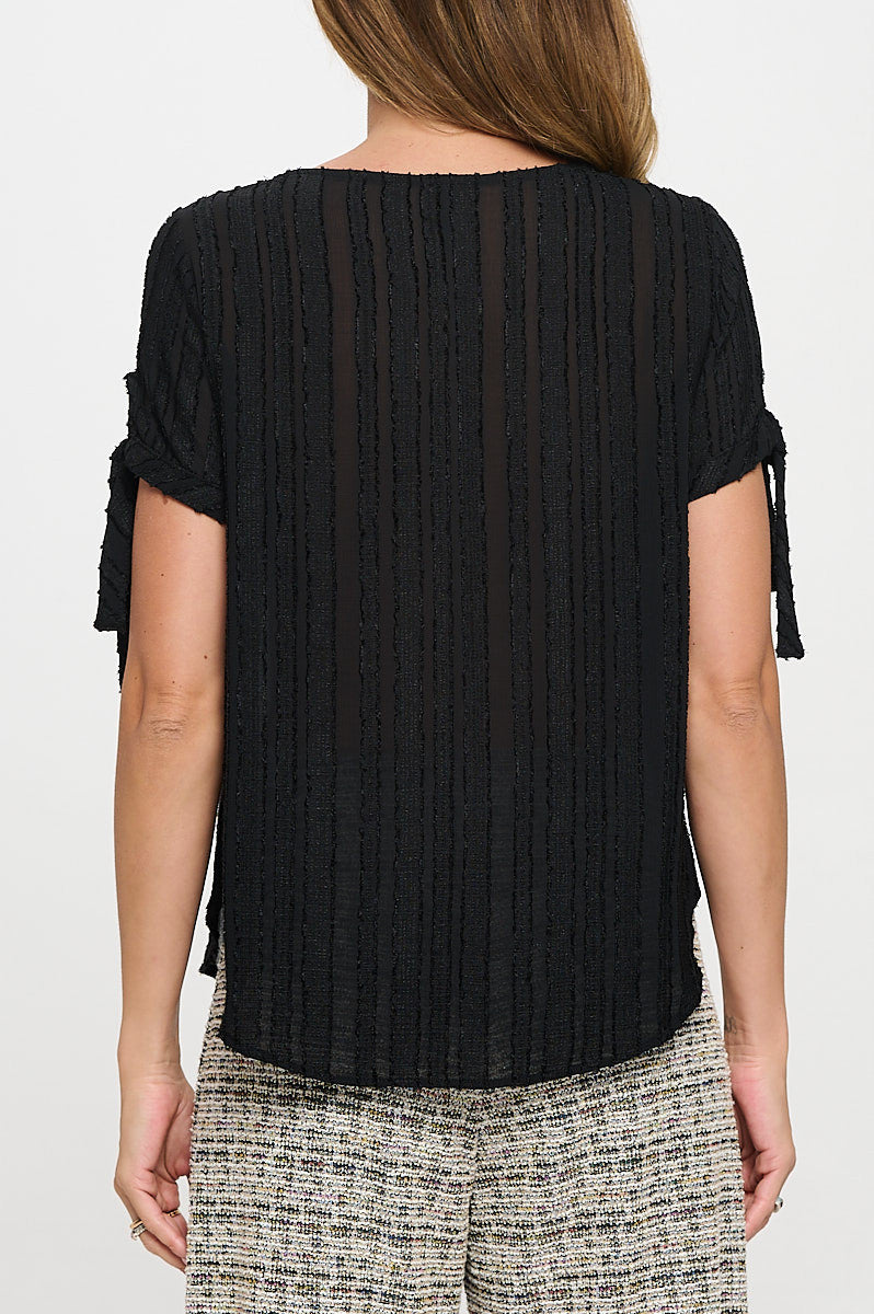 Textured Solid Short Sleeve Top with Tie Sleeve-3