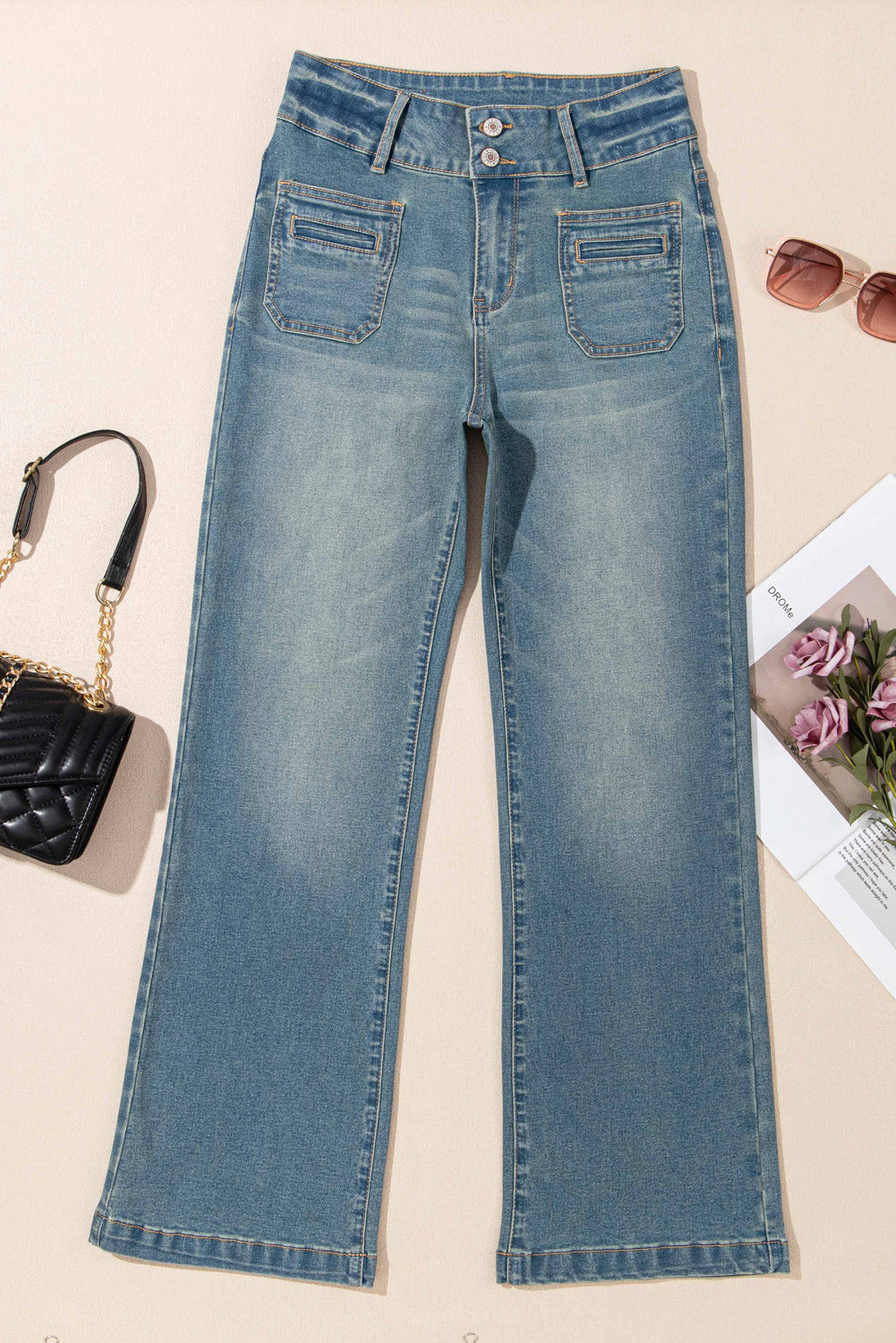 Amyra Double Button Patch Pocket Flare Leg Jeans-3