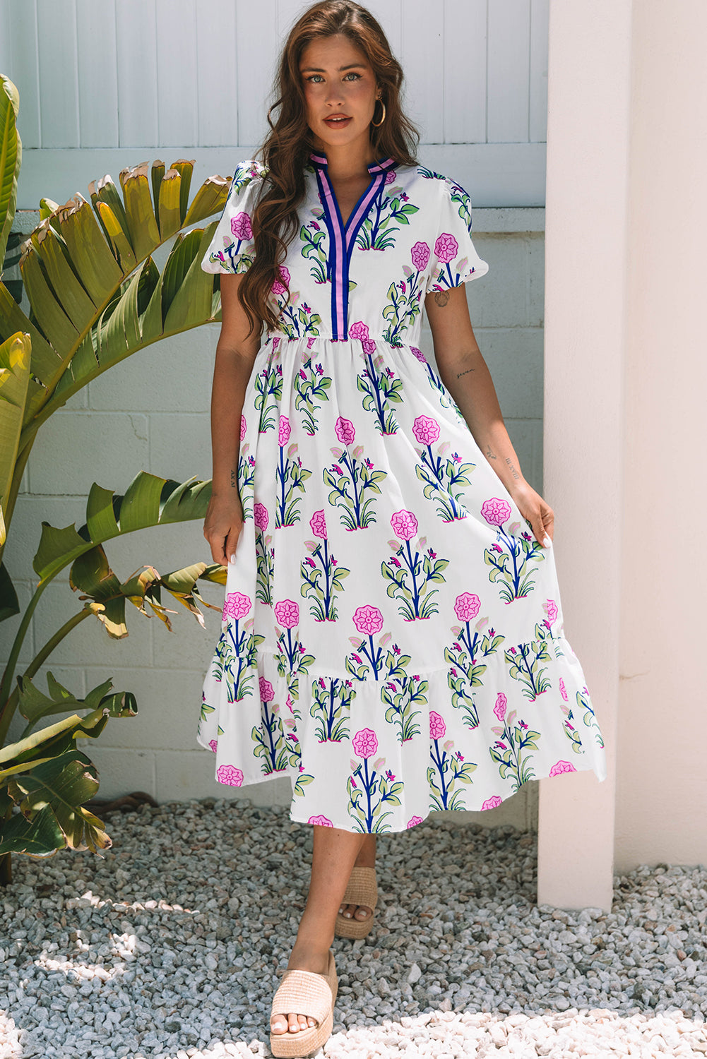Julietta Floral Puff Short Sleeve V Neck High Waist Maxi Dress-0