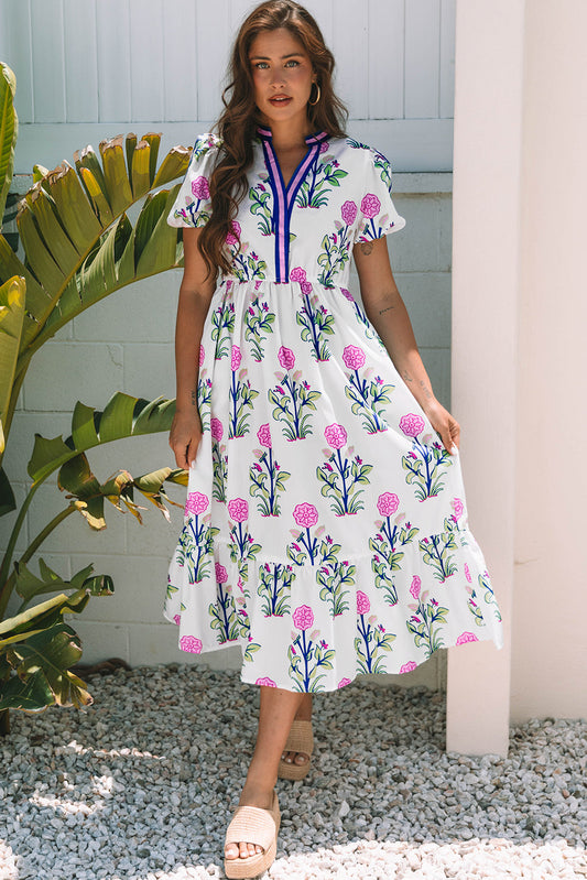 Julietta Floral Puff Short Sleeve V Neck High Waist Maxi Dress-0