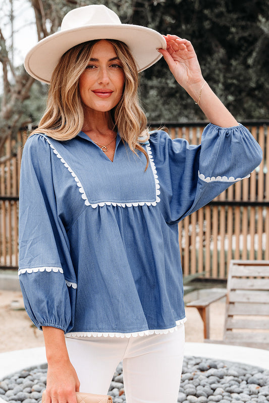 Nevaeh Lace Ric Rac 3/4 Puff Sleeve Collared Babydoll Blouse-0