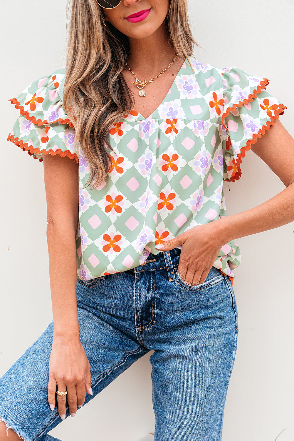 Belen Floral Layered Flutter Sleeve Rac Trim Blouse-3