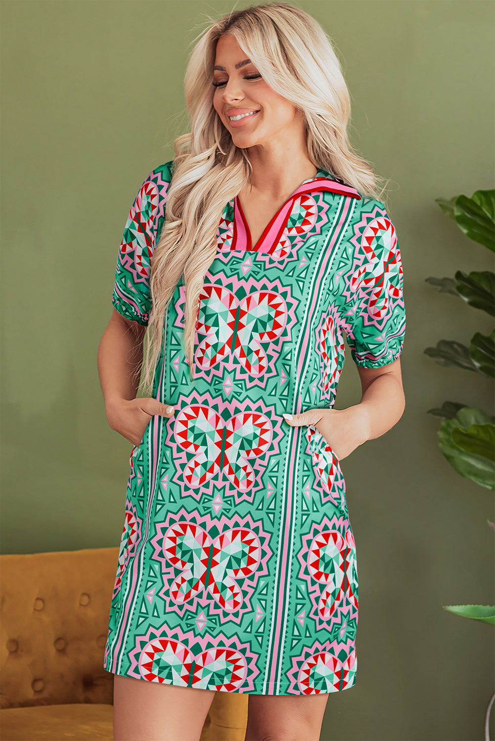 Isabela Butterfly Print Split Neck Short Sleeve Dress-2