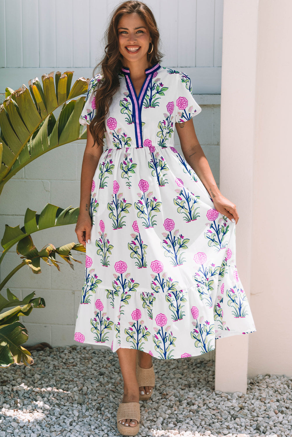 Julietta Floral Puff Short Sleeve V Neck High Waist Maxi Dress-4