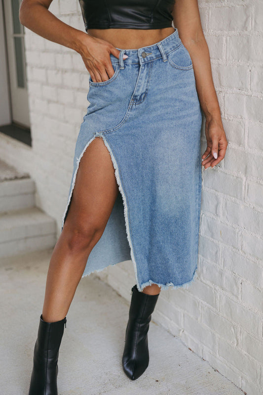 Cheyenne Frayed Slit Asymmetric Denim Midi Skirt-0
