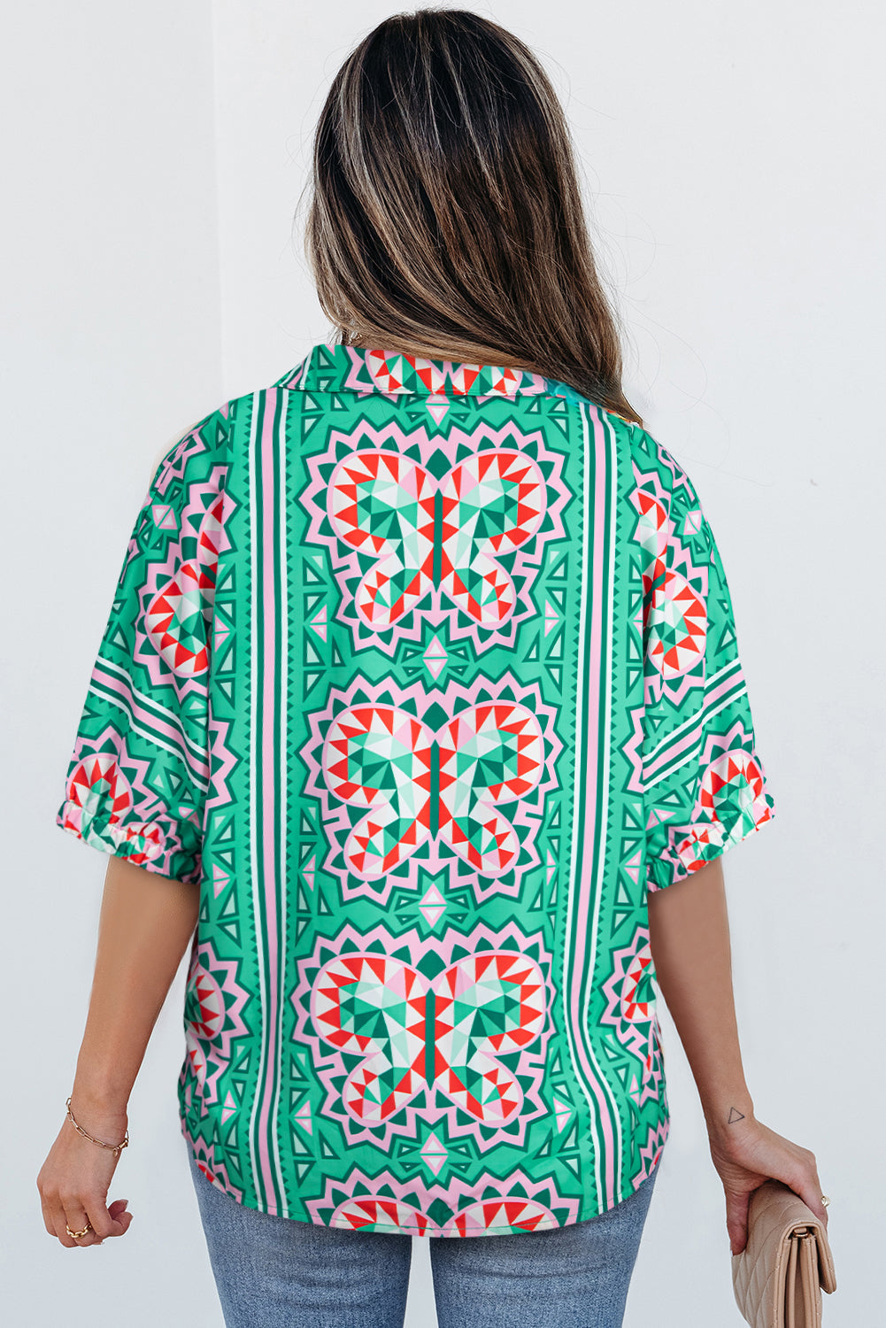 Kamiyah Boho Abstract Striped Collared V Neck Blouse-1