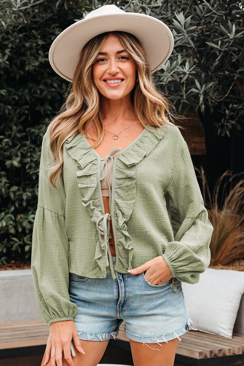 Natalia Bow Tie Front Ruffle Trim Long Sleeve Gauze Blouse-0