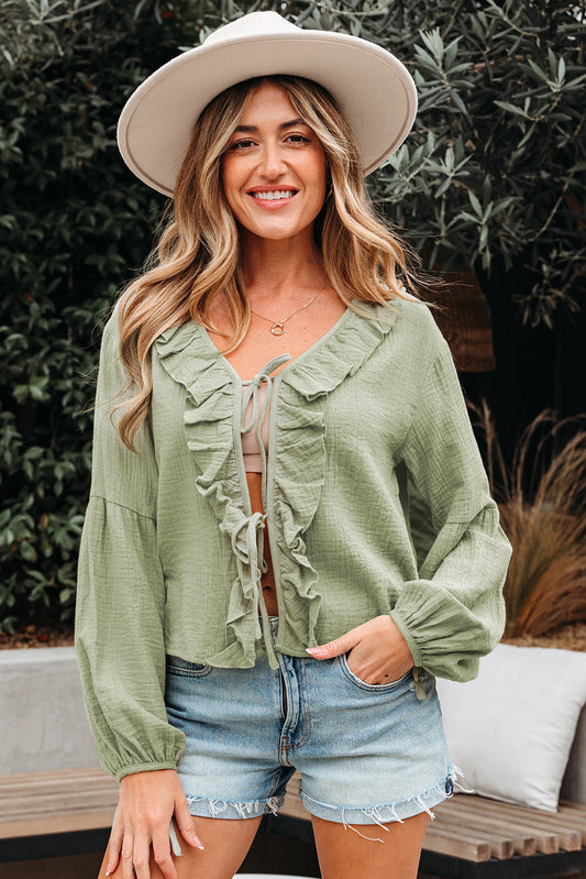 Natalia Bow Tie Front Ruffle Trim Long Sleeve Gauze Blouse-0