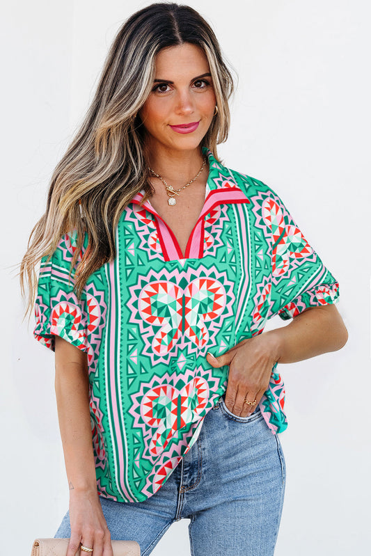 Kamiyah Boho Abstract Striped Collared V Neck Blouse-0