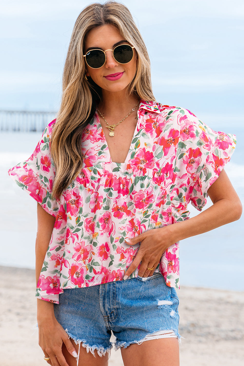 Zoya Floral Ruffled Short Sleeve Blouse-0