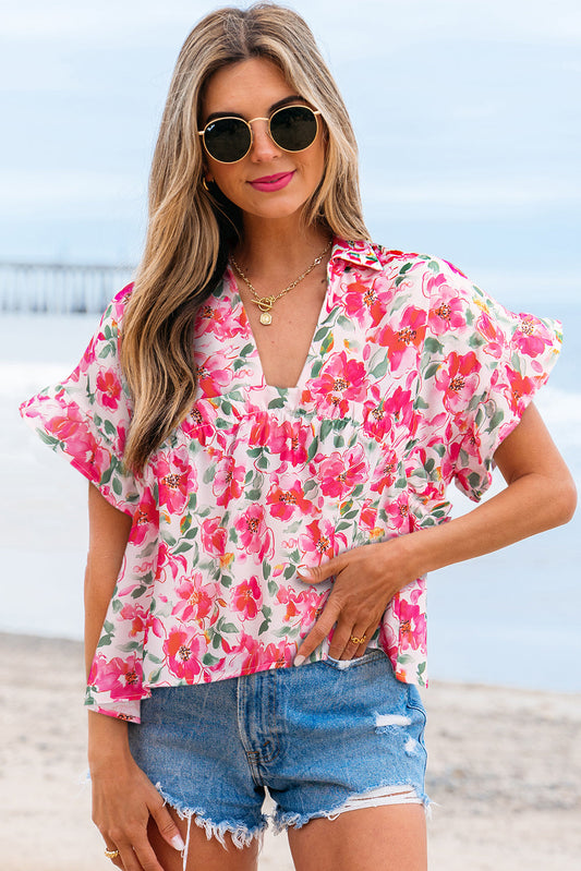Zoya Floral Ruffled Short Sleeve Blouse-0