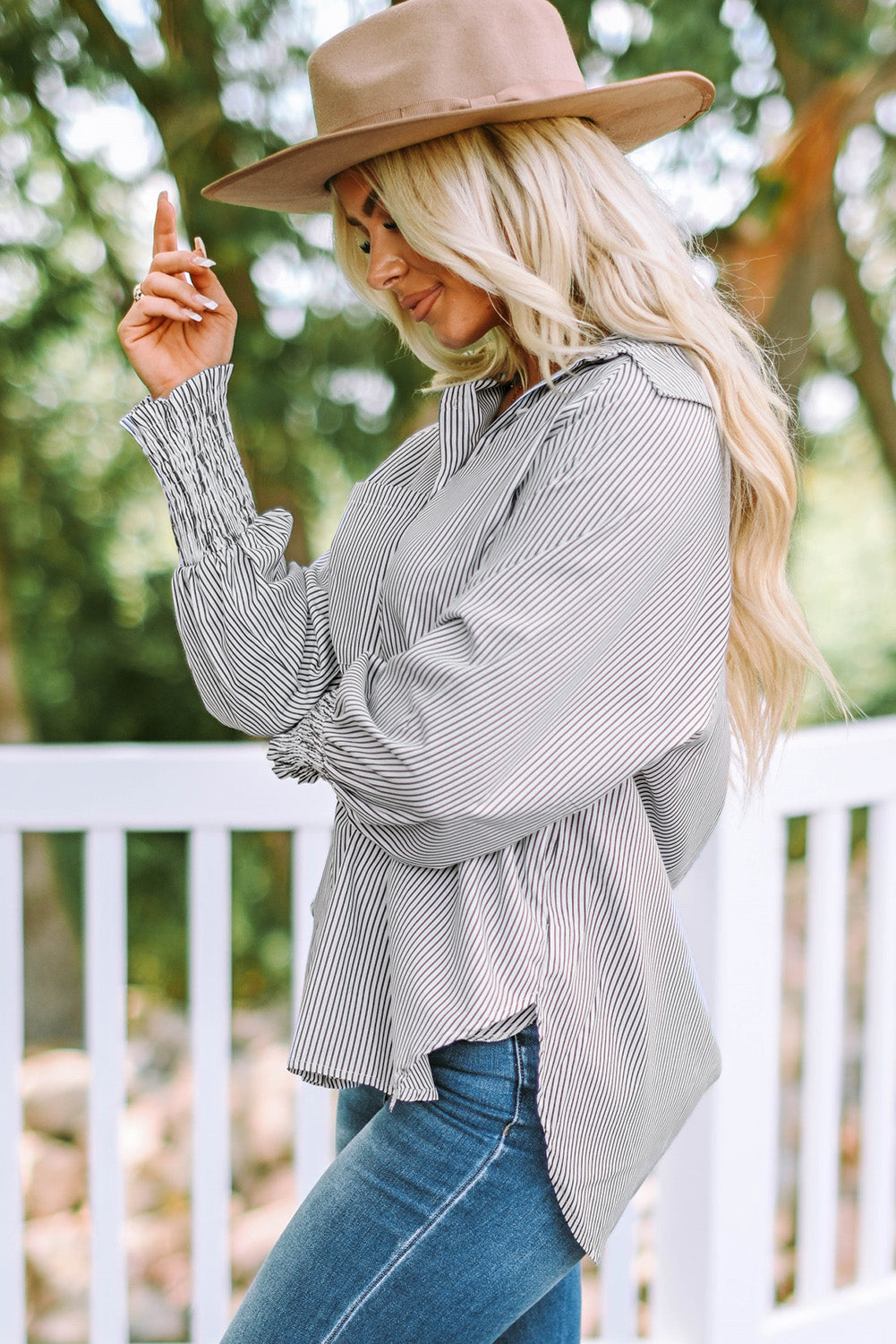 Skye Smocked Cuffed Striped Boyfriend Shirt with Pocket-4