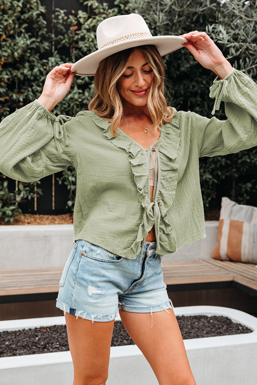 Natalia Bow Tie Front Ruffle Trim Long Sleeve Gauze Blouse-2
