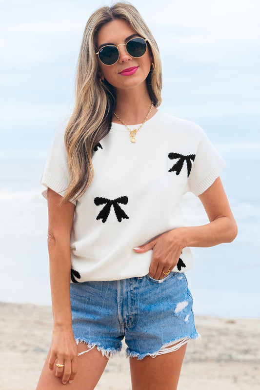 Kya Bow Pattern Knit Short Sleeve Sweater-0