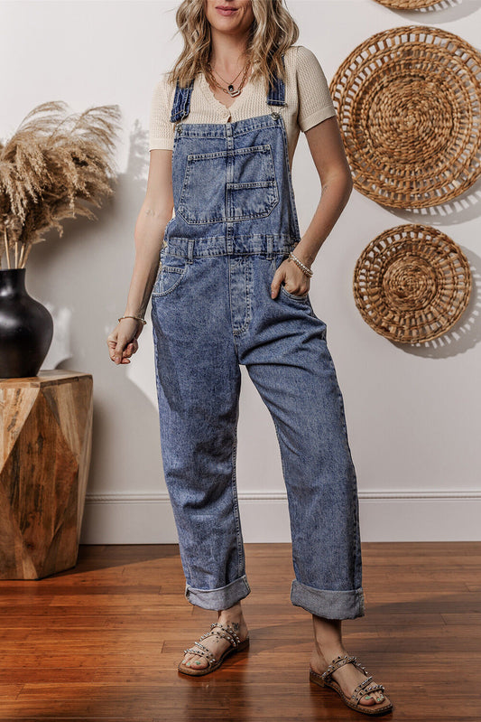 Piper Denim Straight Leg Jumpsuit with Pockets-0
