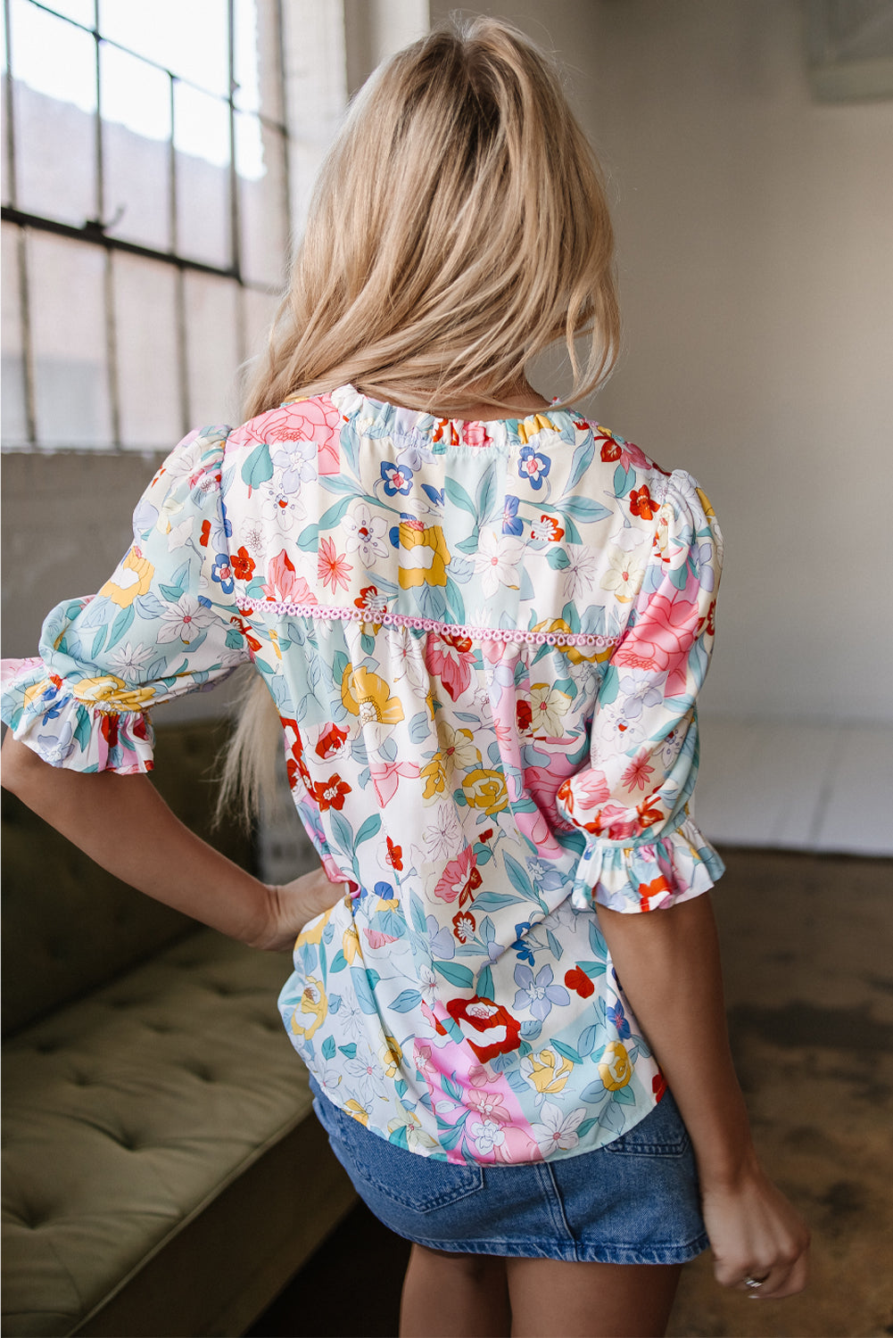 Solana Boho Flower Half Puff Sleeve Blouse-1
