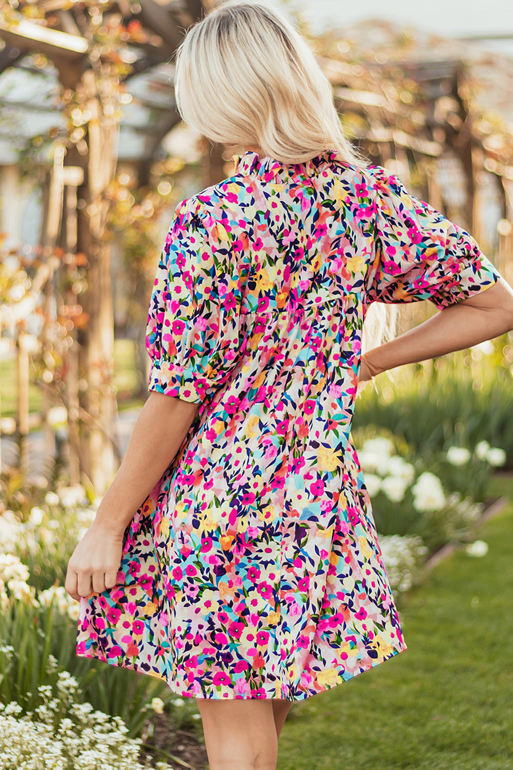 Hadlee Floral Puff Short Sleeve V Neck Mini Dress-1