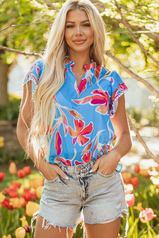 Vada Floral Pompom Trim Flutter Sleeve Blouse-0