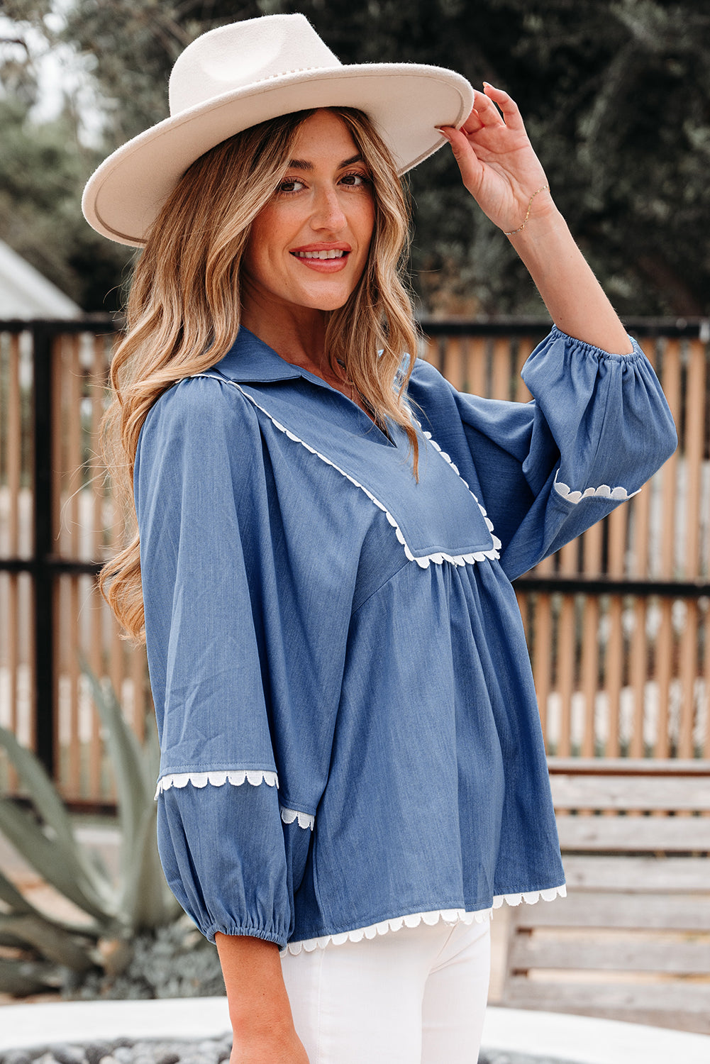 Nevaeh Lace Ric Rac 3/4 Puff Sleeve Collared Babydoll Blouse-2