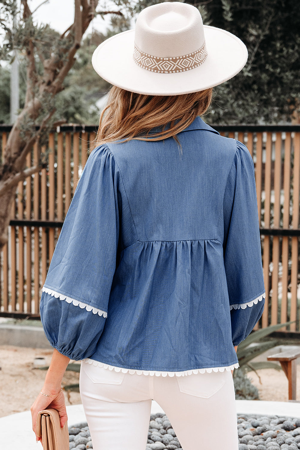 Nevaeh Lace Ric Rac 3/4 Puff Sleeve Collared Babydoll Blouse-1