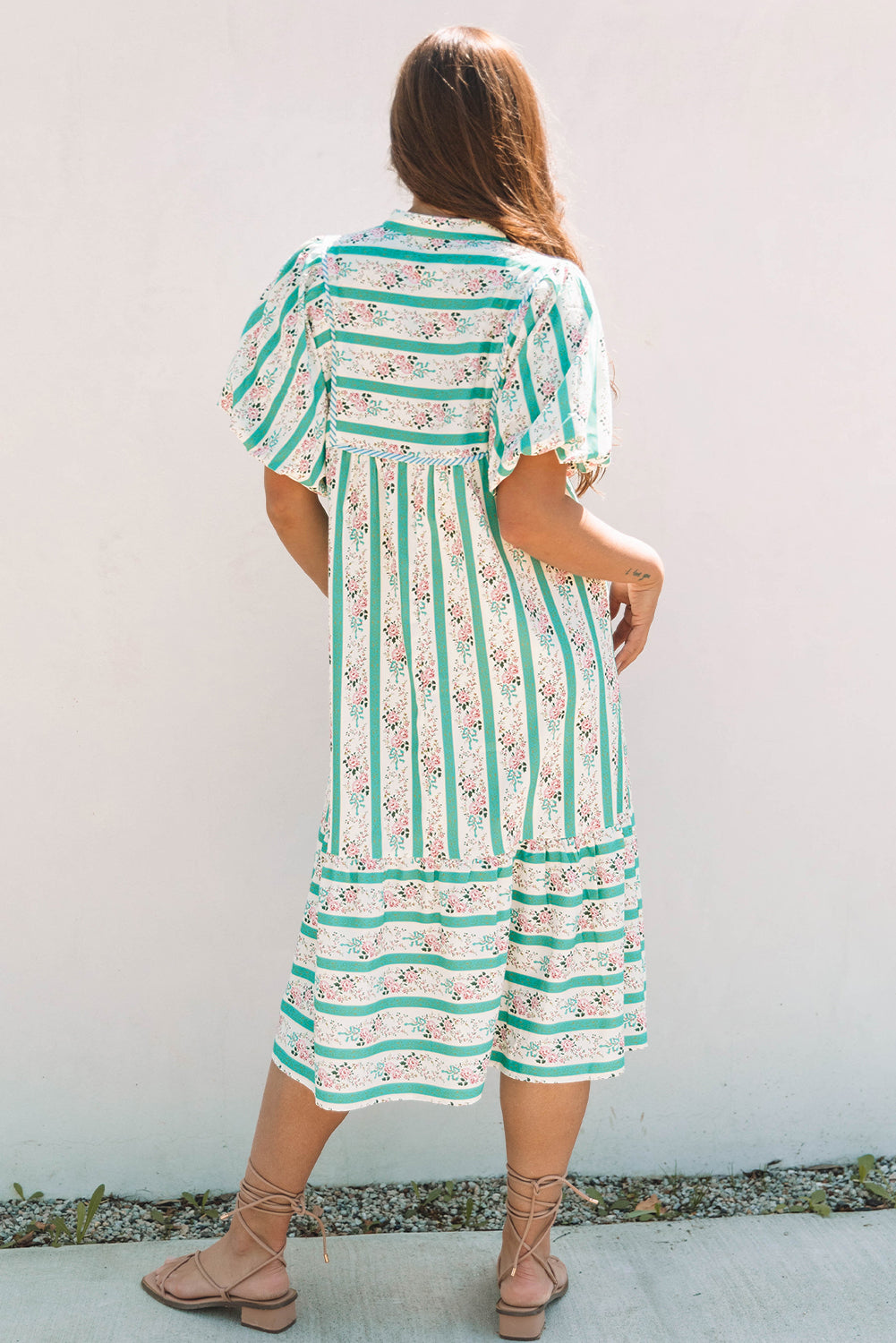 Billie Striped Floral Tie Split Neck Puff Sleeve Midi Dress-1