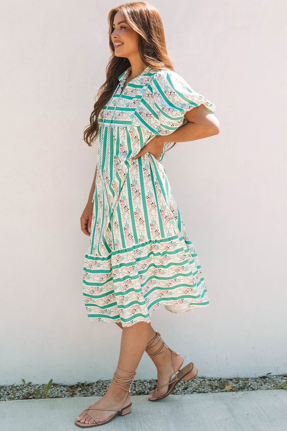 Billie Striped Floral Tie Split Neck Puff Sleeve Midi Dress-2