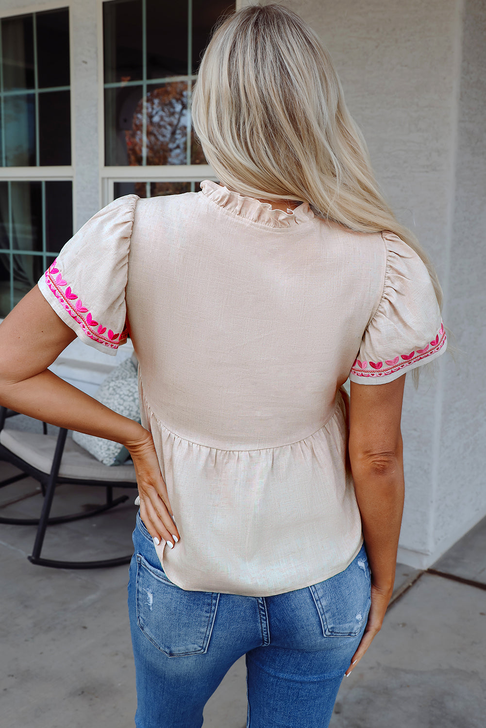 Jaliyah Floral Embroidered Notched V Neck Blouse-1