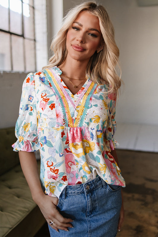 Solana Boho Flower Half Puff Sleeve Blouse-0