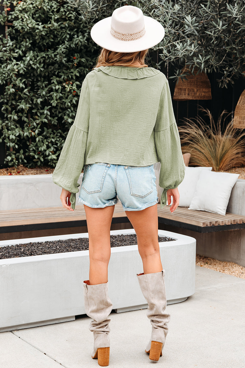 Natalia Bow Tie Front Ruffle Trim Long Sleeve Gauze Blouse-4
