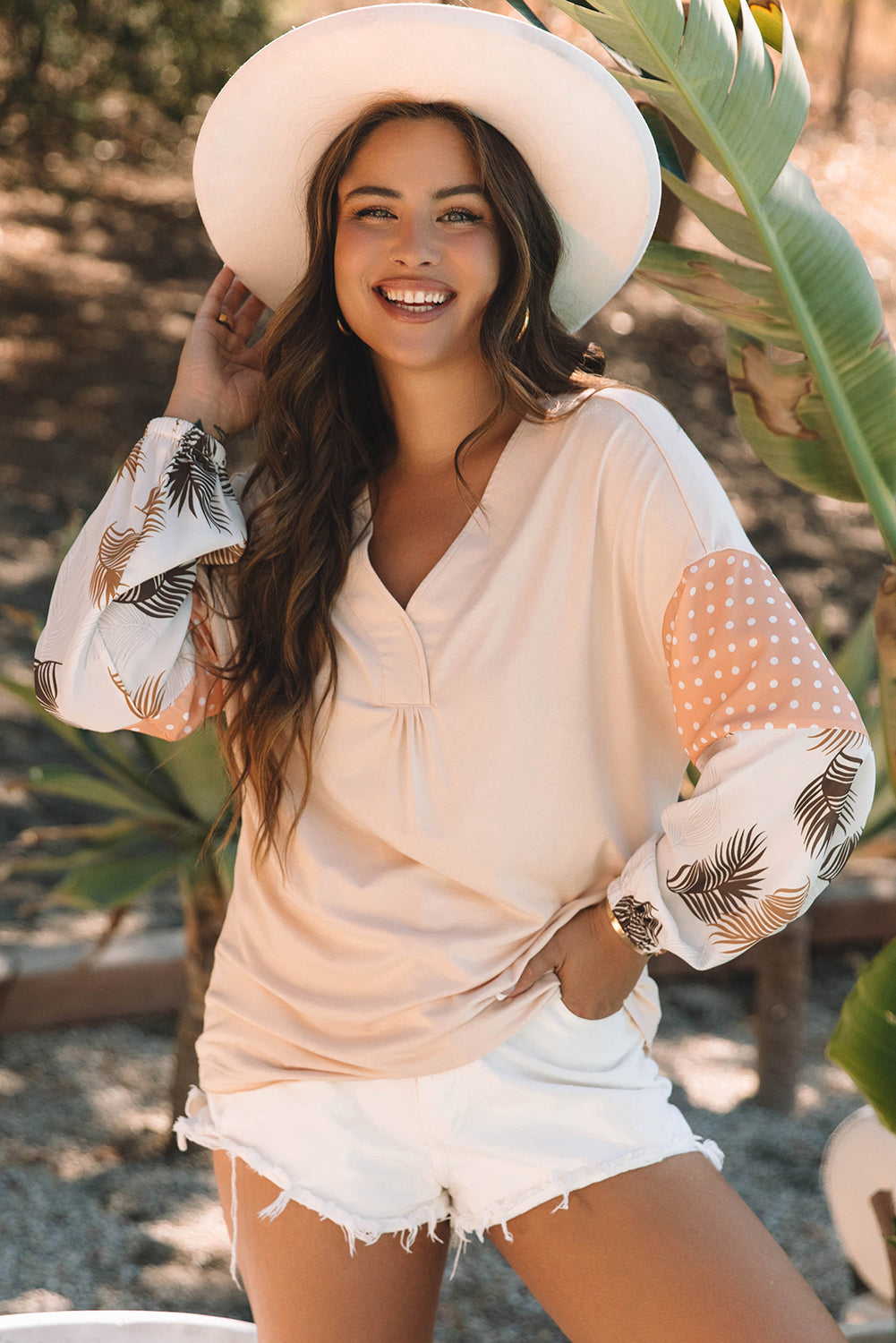 Alora Palm Leaves Polka Dot Loose Blouse-3