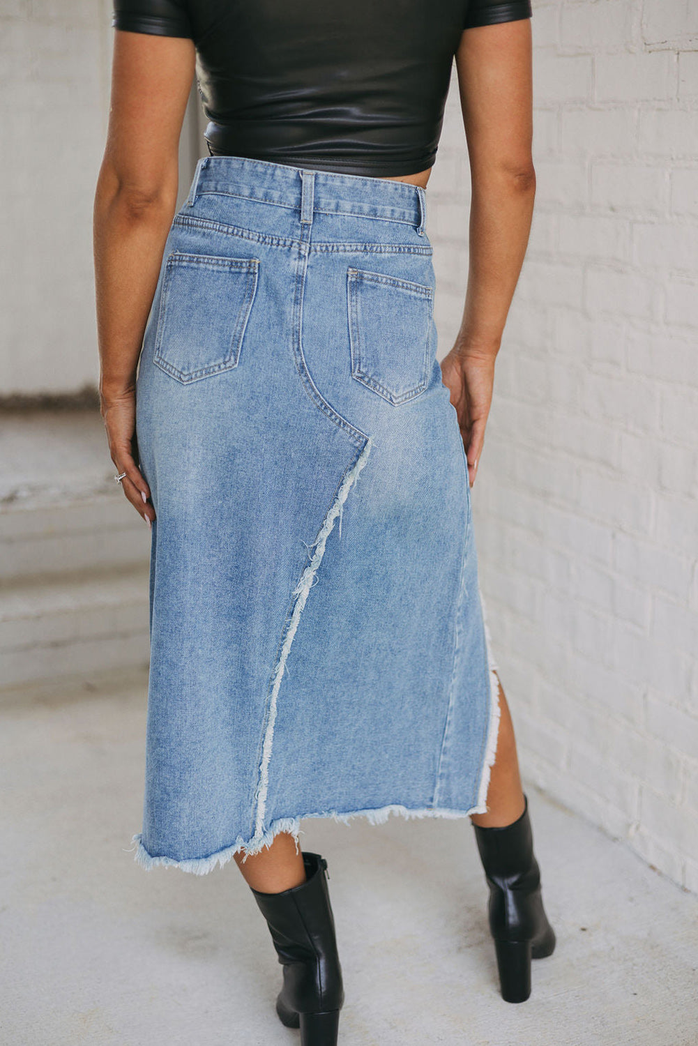 Cheyenne Frayed Slit Asymmetric Denim Midi Skirt-1