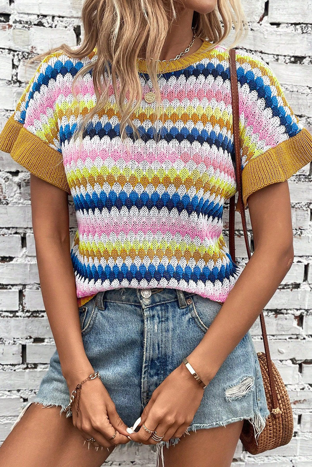 Emely Ruffle Sleeve Colorful Textured Sweater-2