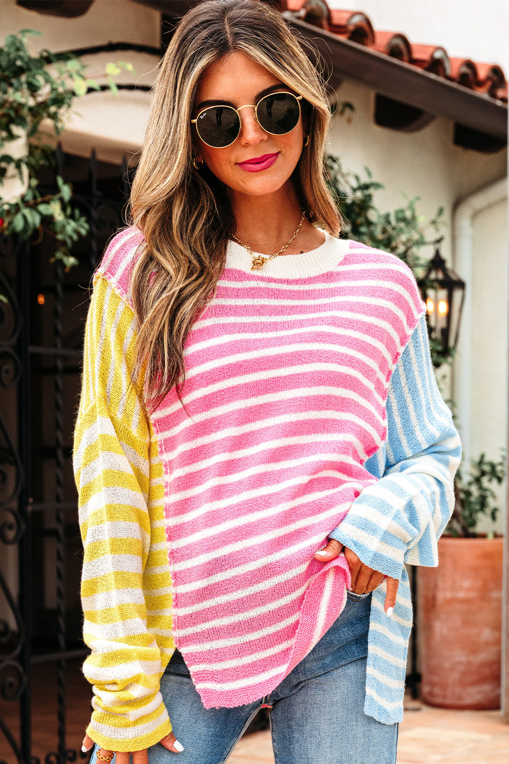 Esther Striped Patchwork Dolman Sleeve Slit Sweater-3