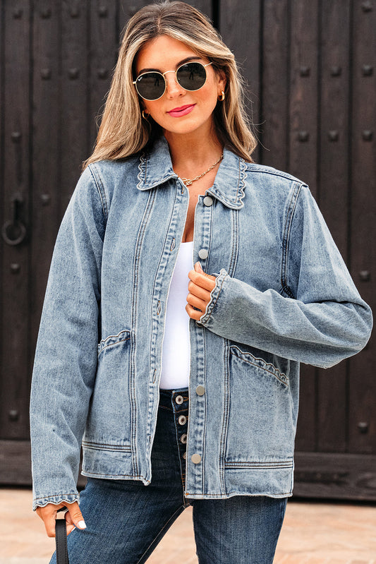 Brooklyn Scallop Trim Button Up Denim Jacket-0