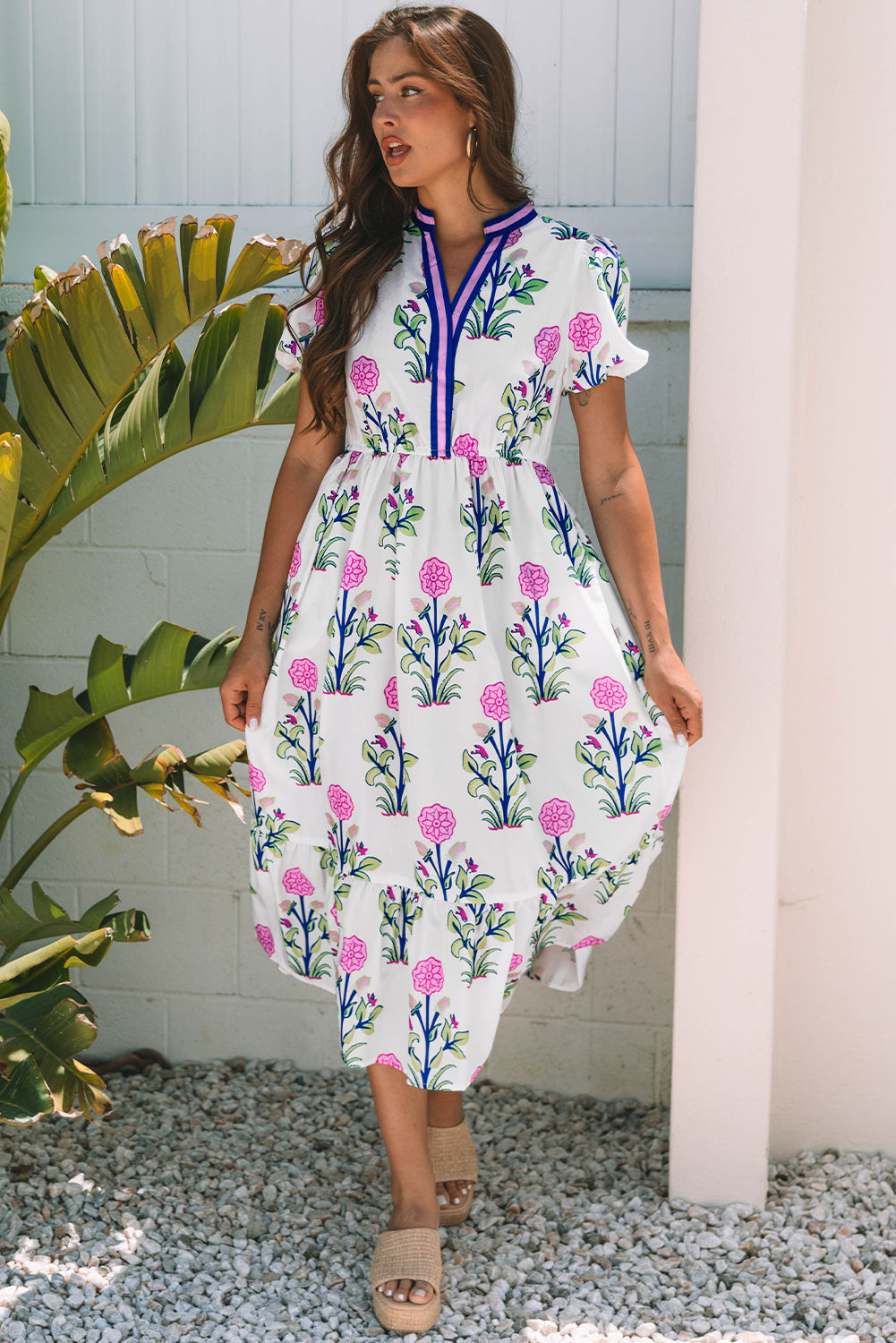Julietta Floral Puff Short Sleeve V Neck High Waist Maxi Dress-3