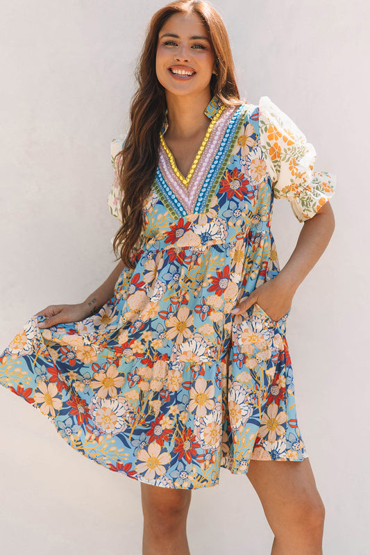 Livia Boho Floral Crochet V Neck Dress-0