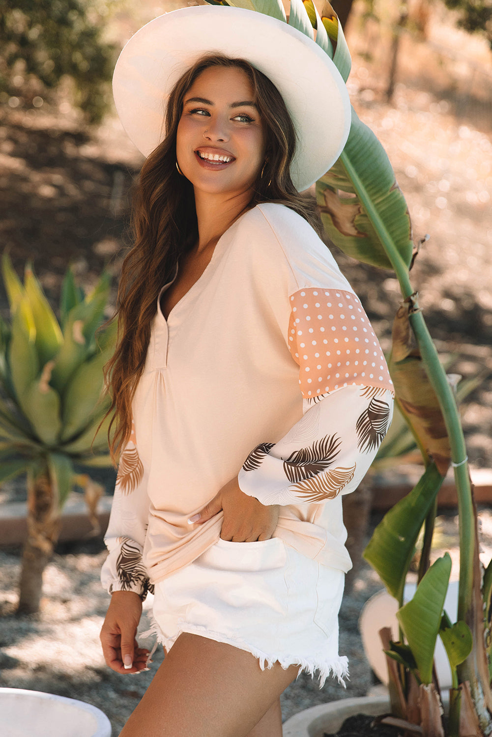 Alora Palm Leaves Polka Dot Loose Blouse-2