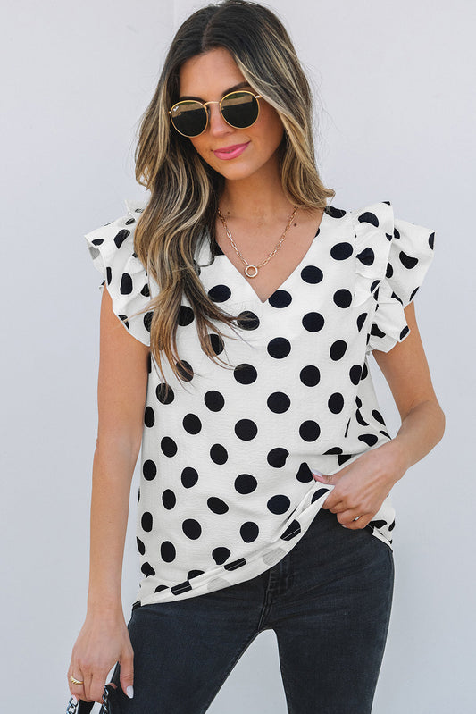Halo Polka Dot Ruffled Sleeve V Neck Blouse-0