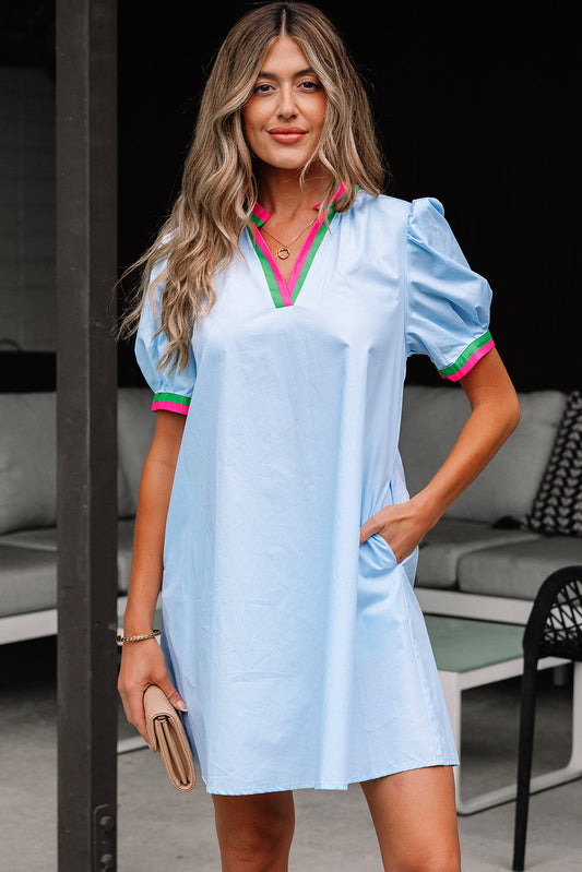 Lily Striped Notched V Neck Puff Sleeve Mini Dress-0